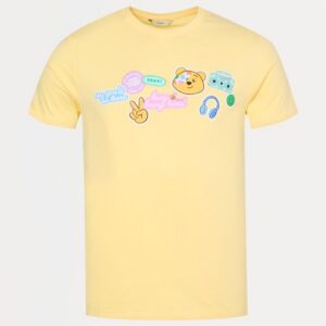 A yellow t shirt with various symbols on the front including Pudsey Bear, headphones and a hand holding up two fingers in the peace sign