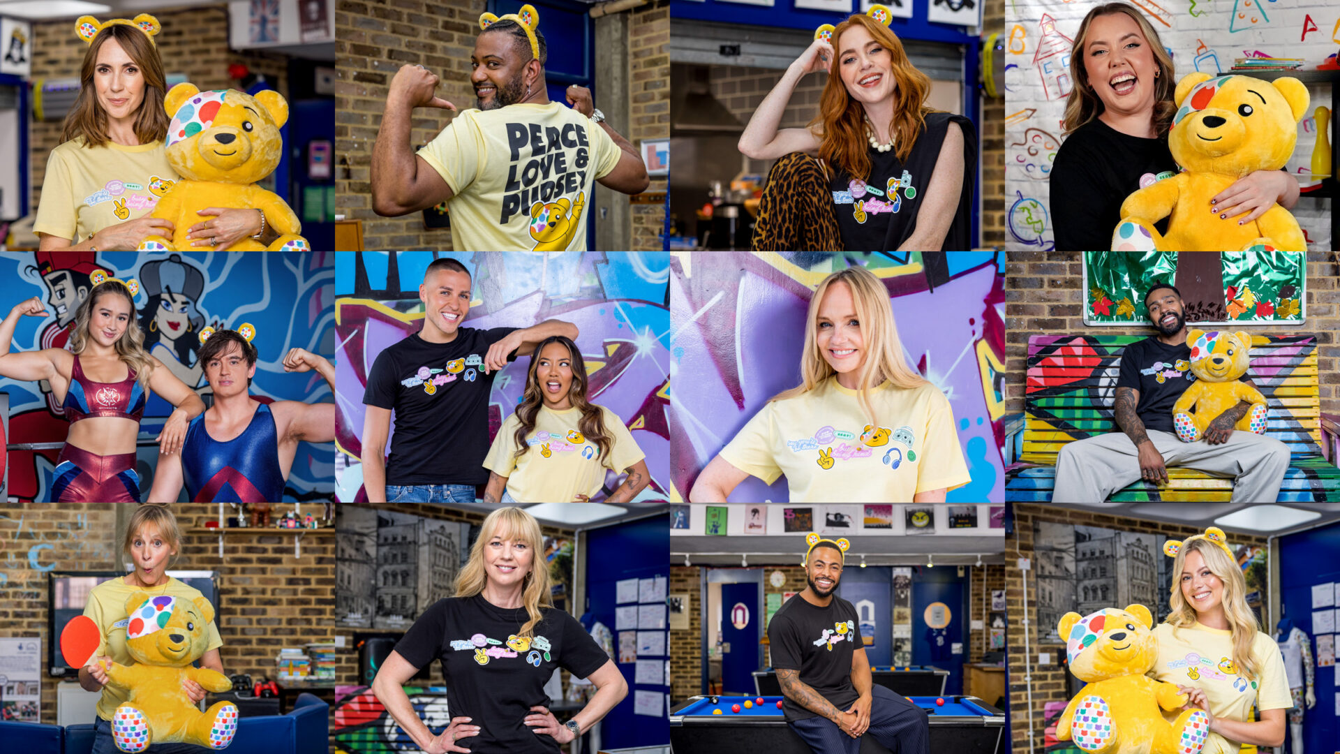 A compilation image of celebrities supporting BBC Children in Need 2026